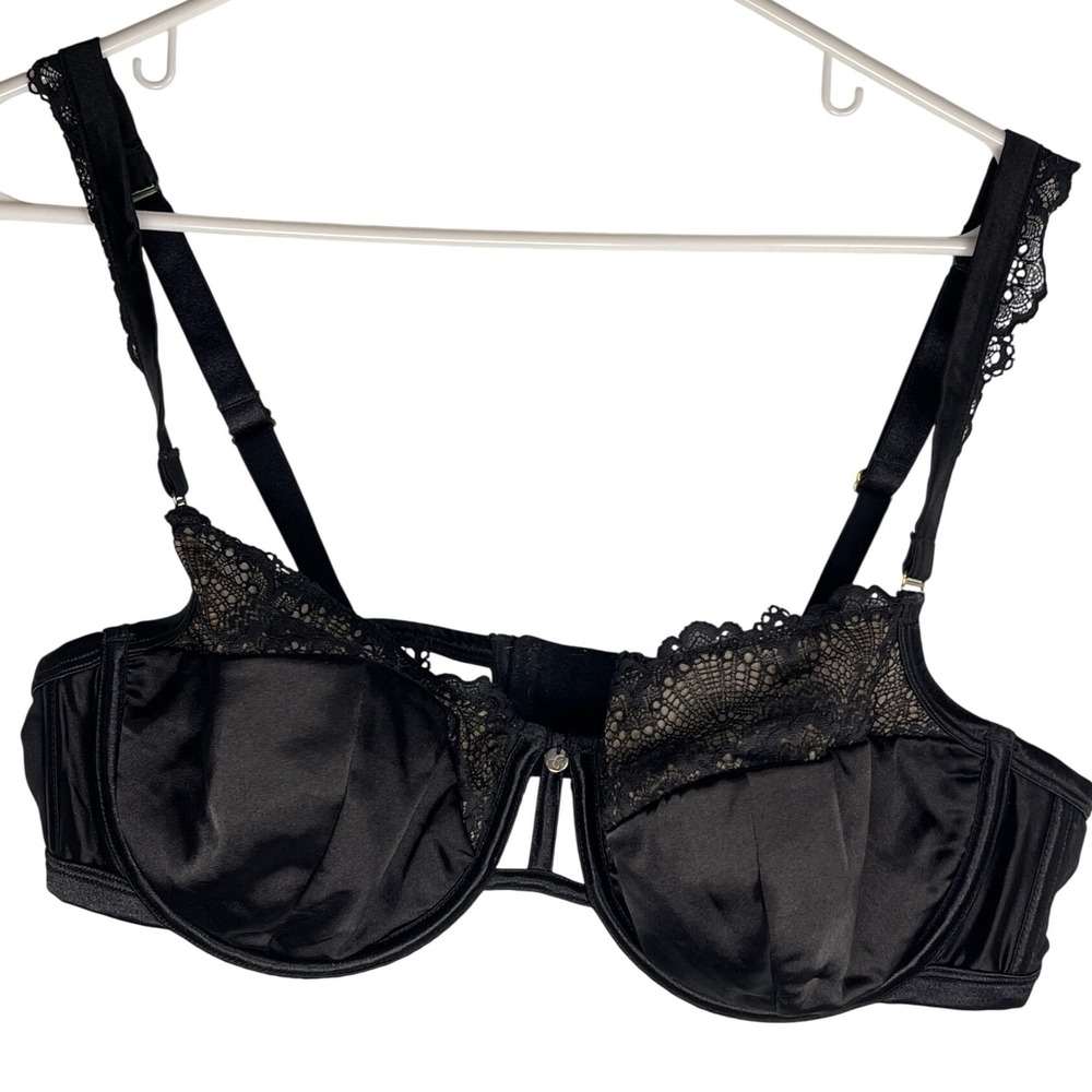 Cacique Black‎ Satin Lace Trim Underwire Bra 42D Pleated Cups Gold Hardware